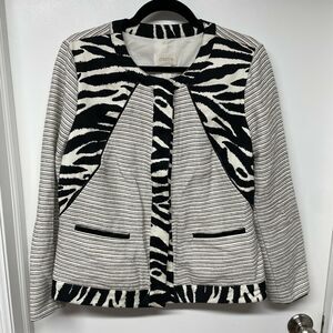 CHICOS Size 1 Black White Zebra Snap Button Cotton Linen Jacket Mixed Media